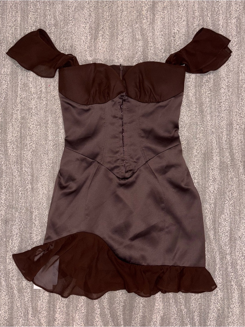 NWT Miss Rosier Corset Mini Dress Brown Satin Ruffle Off Shoulder Women’s Sz XS
